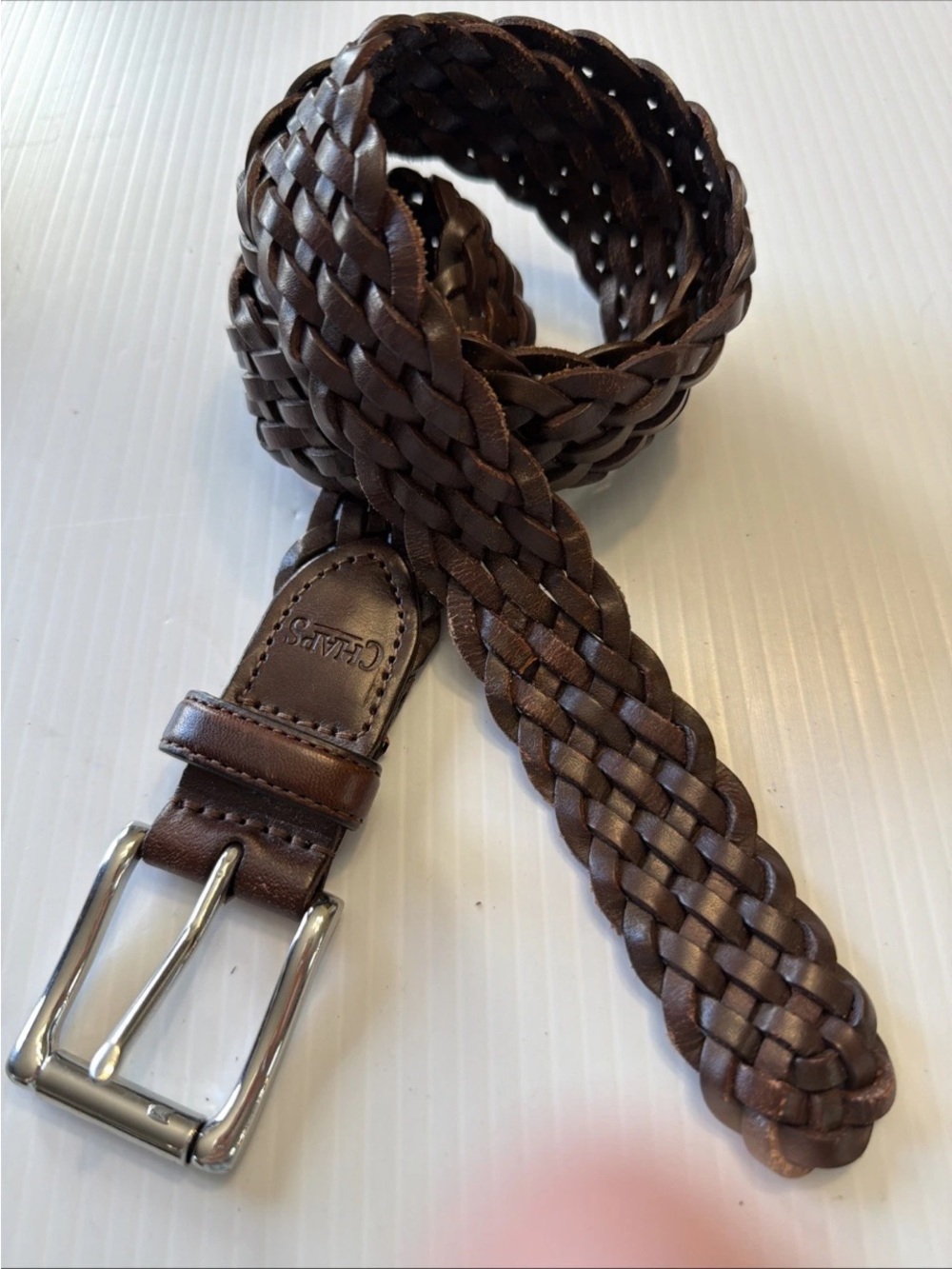 Chaps Braided Leather Belt in Brown with Silver Buckle